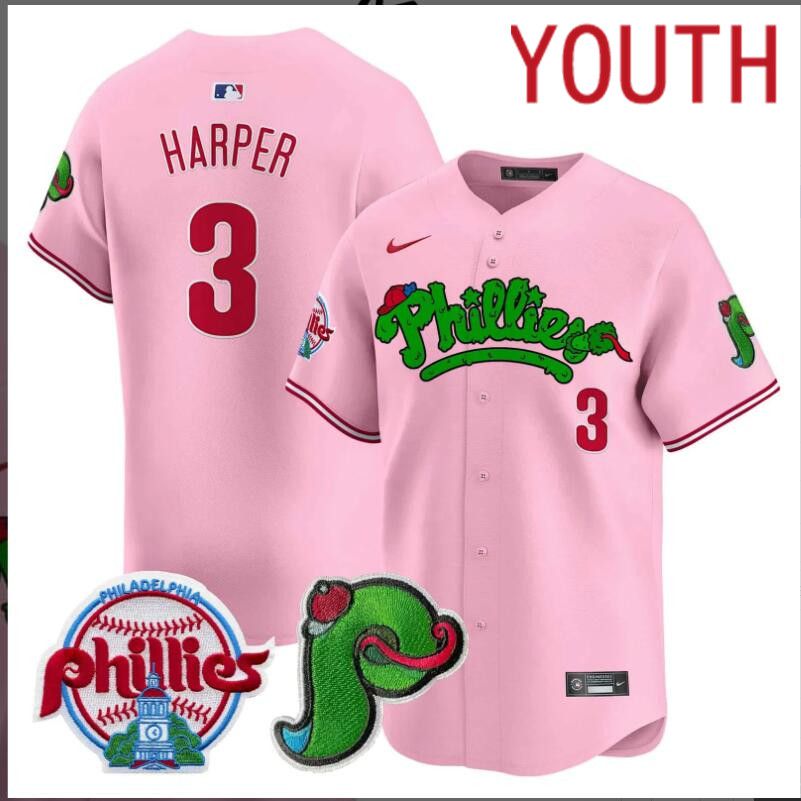 Youth  Philadelphia Phillies #3 Harper Pink Limited 2024 MLB Nike jersey